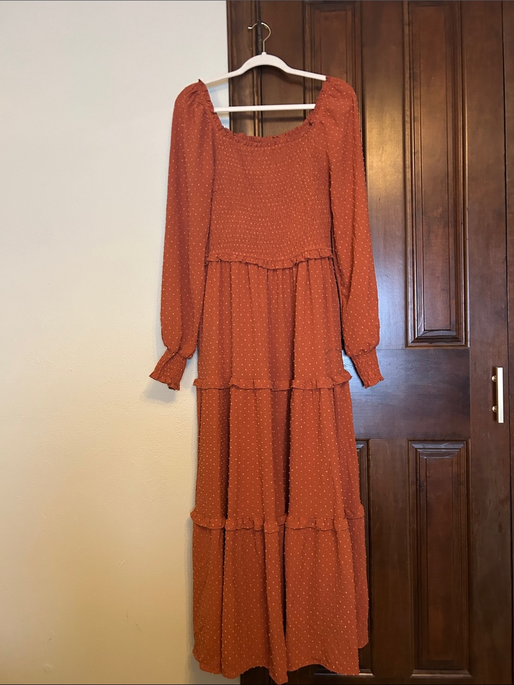 PRETTYGARDEN Smocked Rust Tiered Maxi Dress with Long Sleeves HAS POCKETS!!